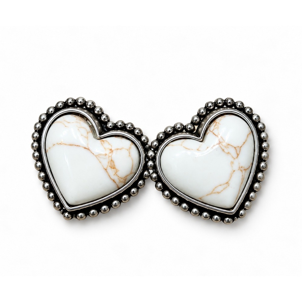 Western Heart Stud Earrings White Howlite Stone Silver Cowgirl Statement 1"